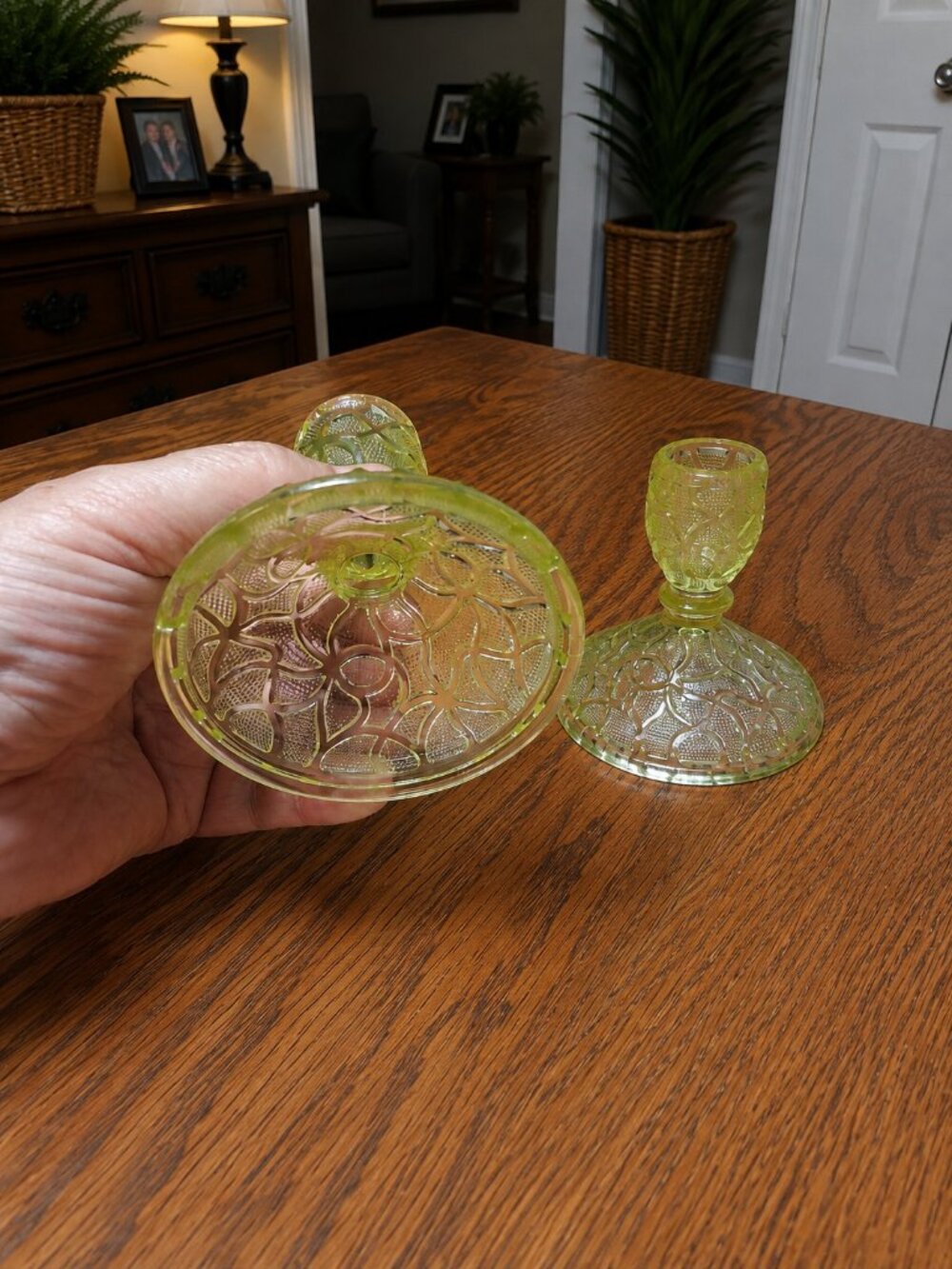Pristine Pair Vintage 1920s Imperial Glass Vaseline Uranium Candleholders - Picture 3 of 8